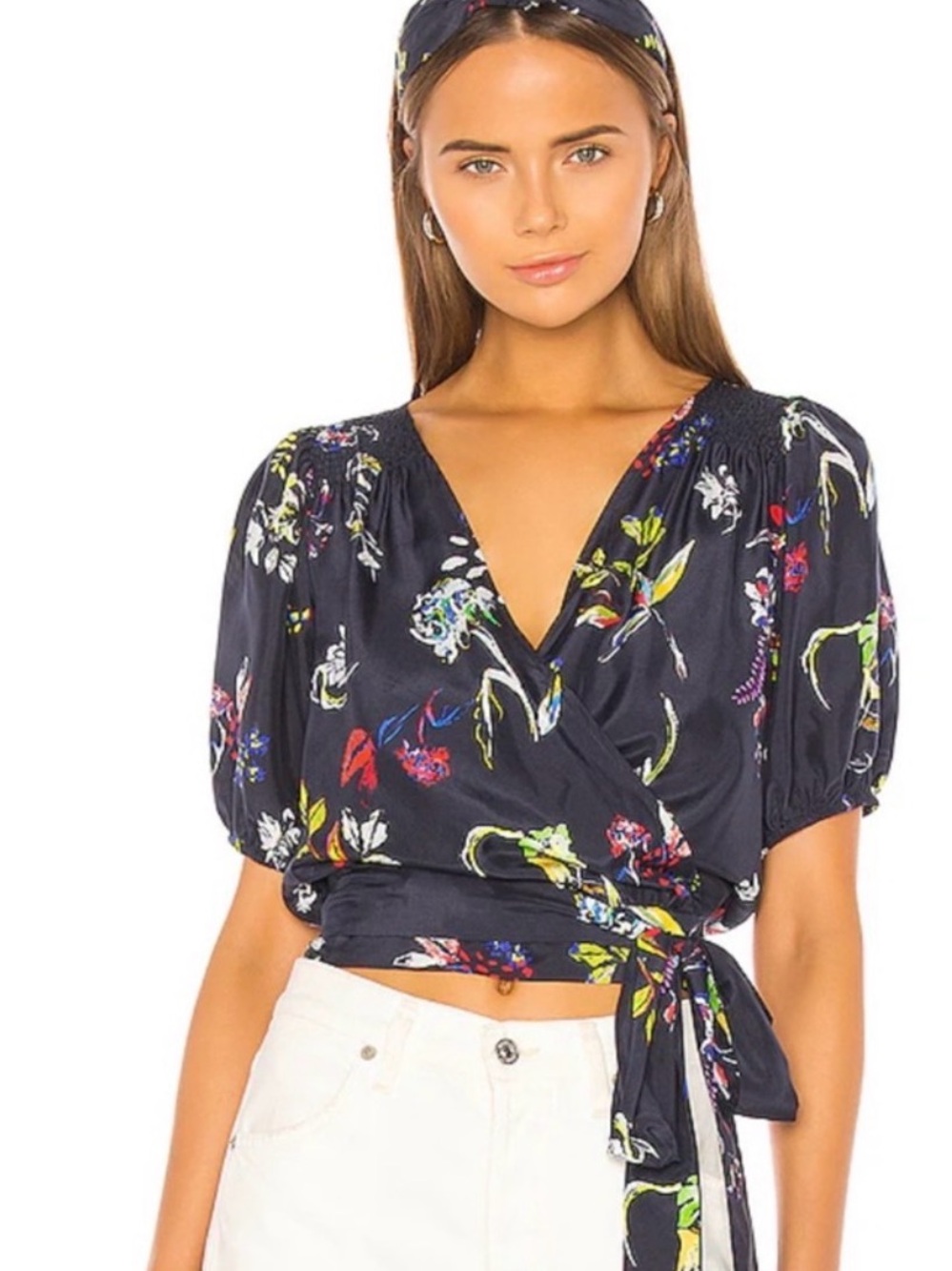 Tanya Taylor 100% Silk Navy Floral Wrap Crop Top with Self Tie 4